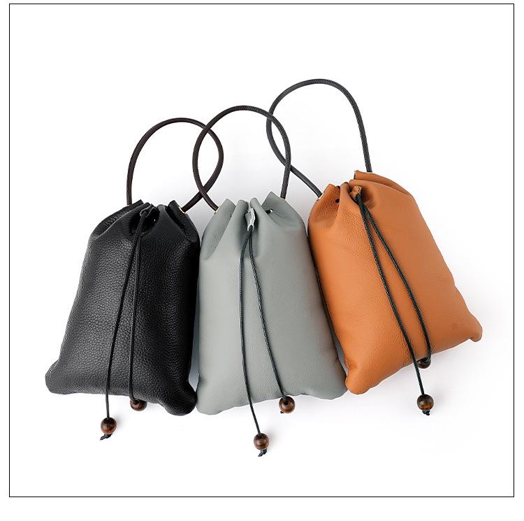 New Genuine Leather Drawstring Shoulder Bag with Earphone and Cable Storage - Korean Style Cowhide Messenger Bag