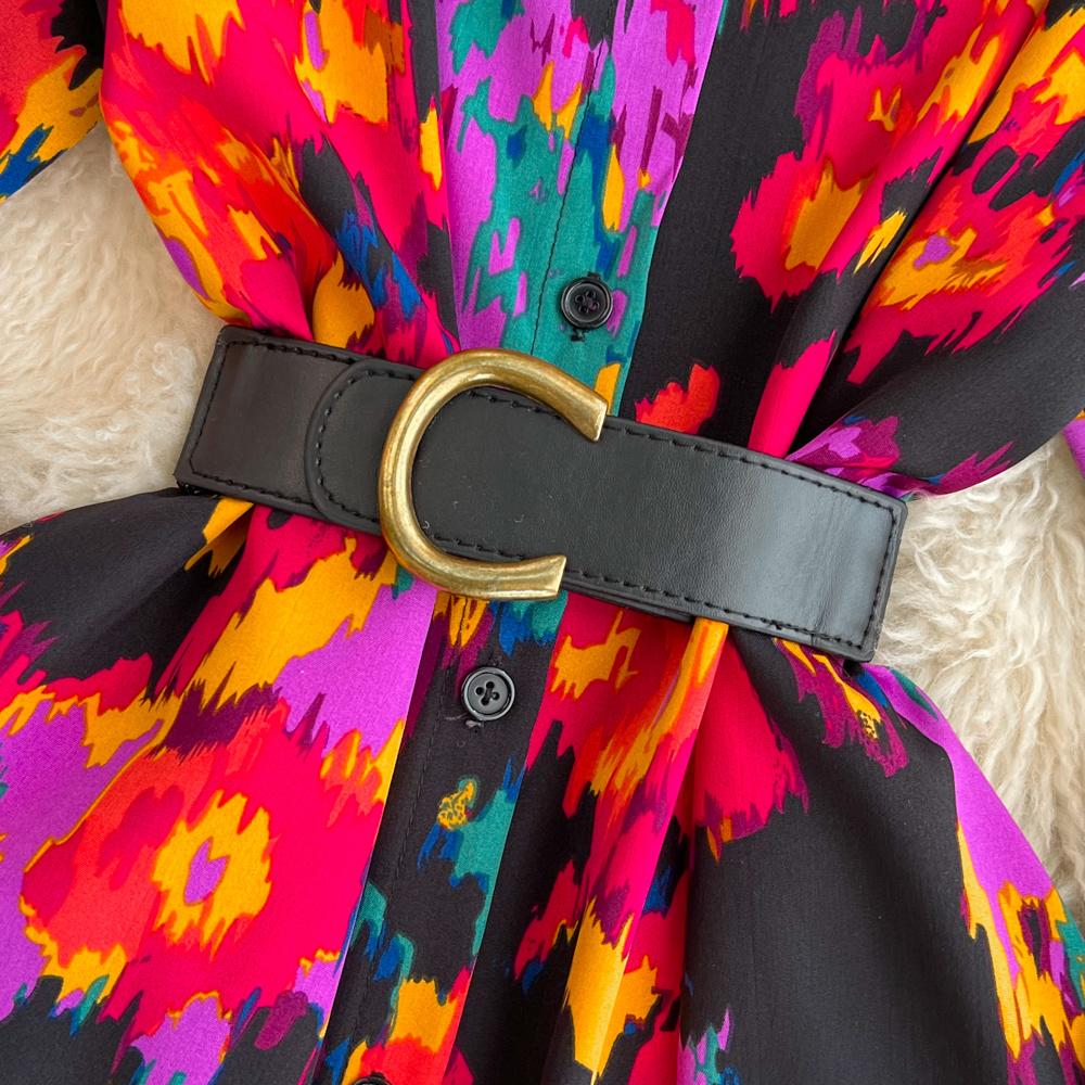 Nowa jesienna moda damska sukienka z kwiatowym nadrukiem skręcić w dół kołnierz z długim rękawem jednorzędowa linia w stylu vintage Midi sukienki imprezowe