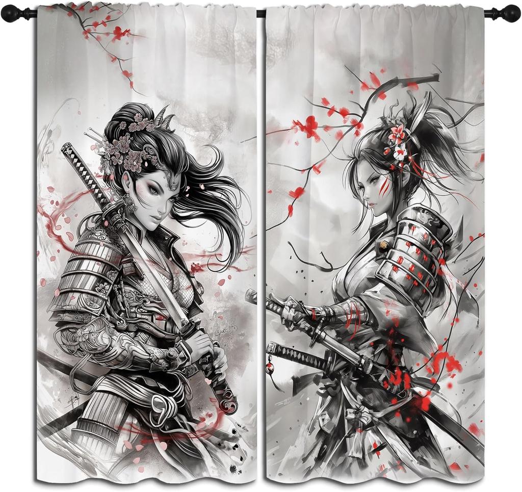 Modern Anime Curtains Boys Girl Bedroom Decor Japanese Cherry Blossom Female Samurai Thermal Insulated Curtain Blackout For Sleeping Area Polyester