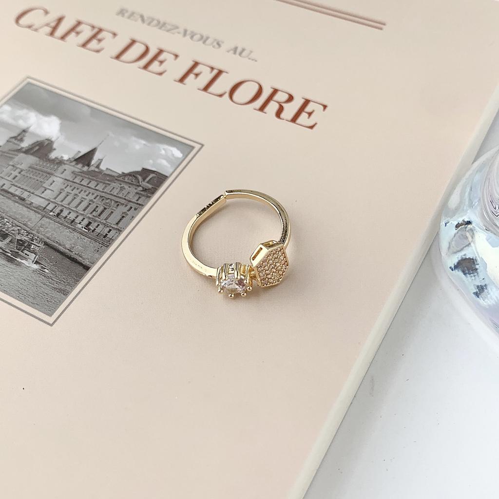 Light Luxury Diamond-Set Letter Love Fan-Shaped Geometric Ring Women'S Exquisite Versatile Temperament Girl Ring Ring