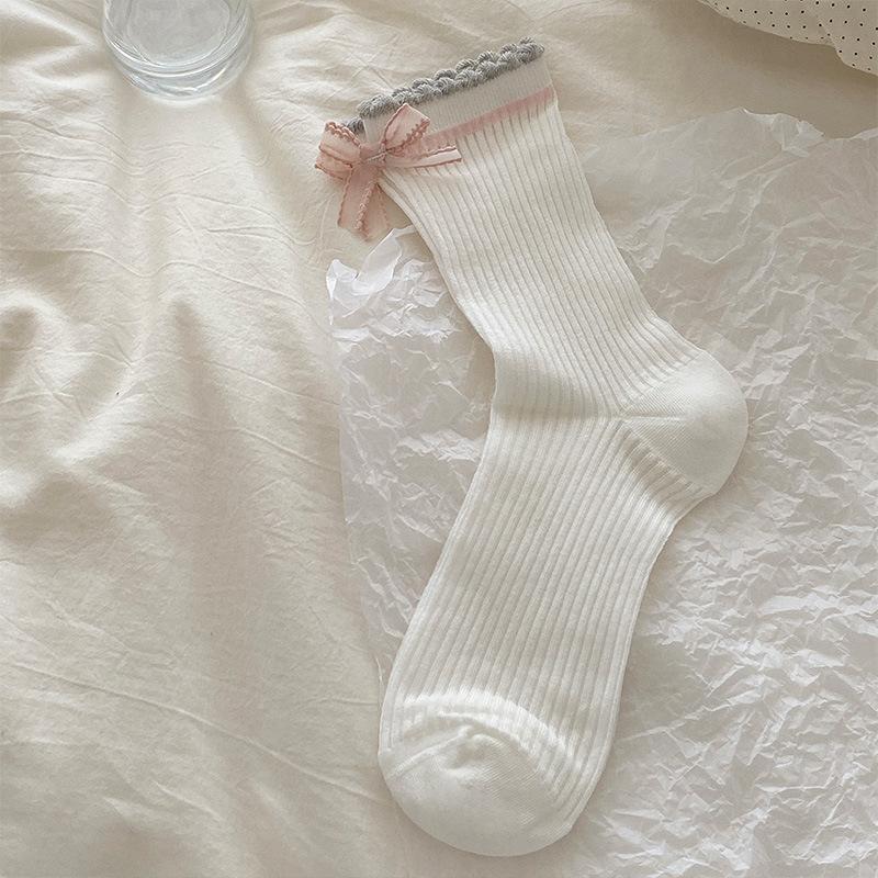 Female Summer Thin Ballet Style Bow Lace Medium Tube Pile Socks