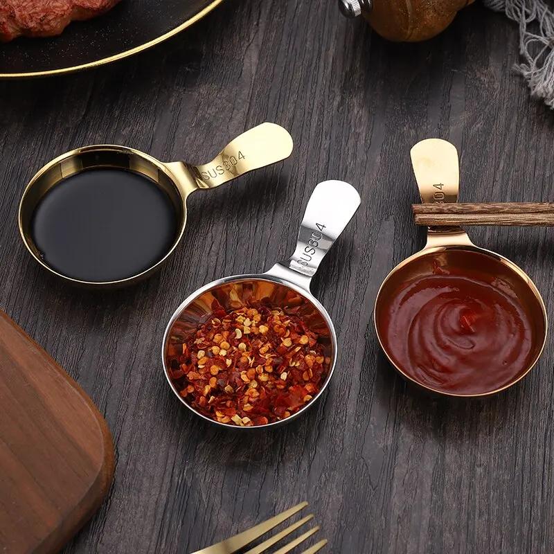 1pc 304 Stainless Steel Korean Sauce Spoon Hangable Chopsticks Dipping Dish Seasoning Plate Sauce Plate Barbecue Tableware