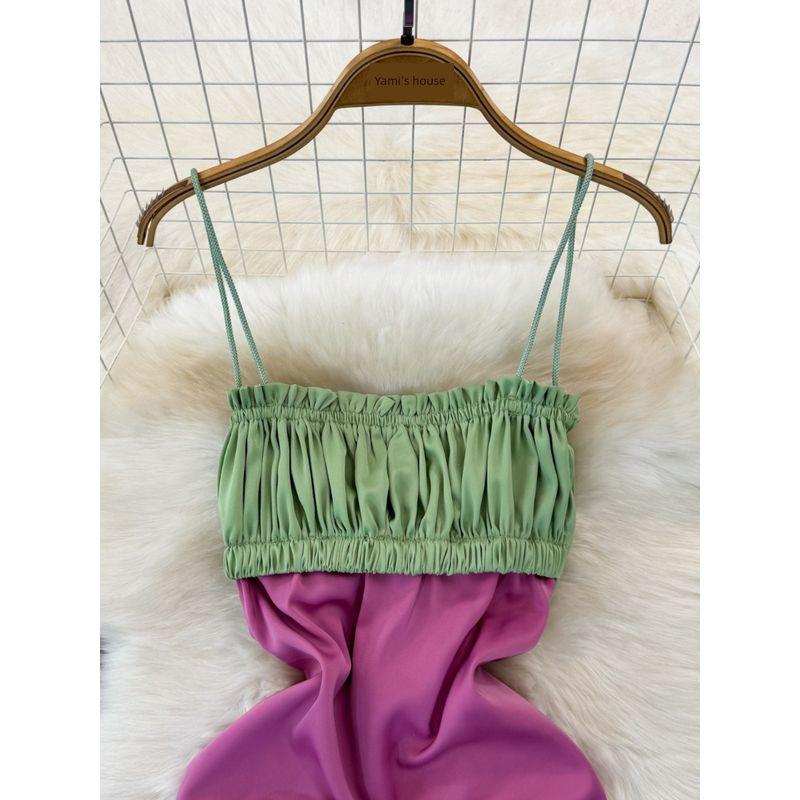 2024 Summer Fancy Contrast Color Sexy Dazzling Big Lady Open Back Bow Suspenders Dress Vacation Dress