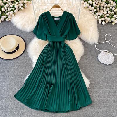 Midi Retro Dress Women's Solid Color V-neck Lace-up Waist Slim Midi Pleated Dress Office Lady