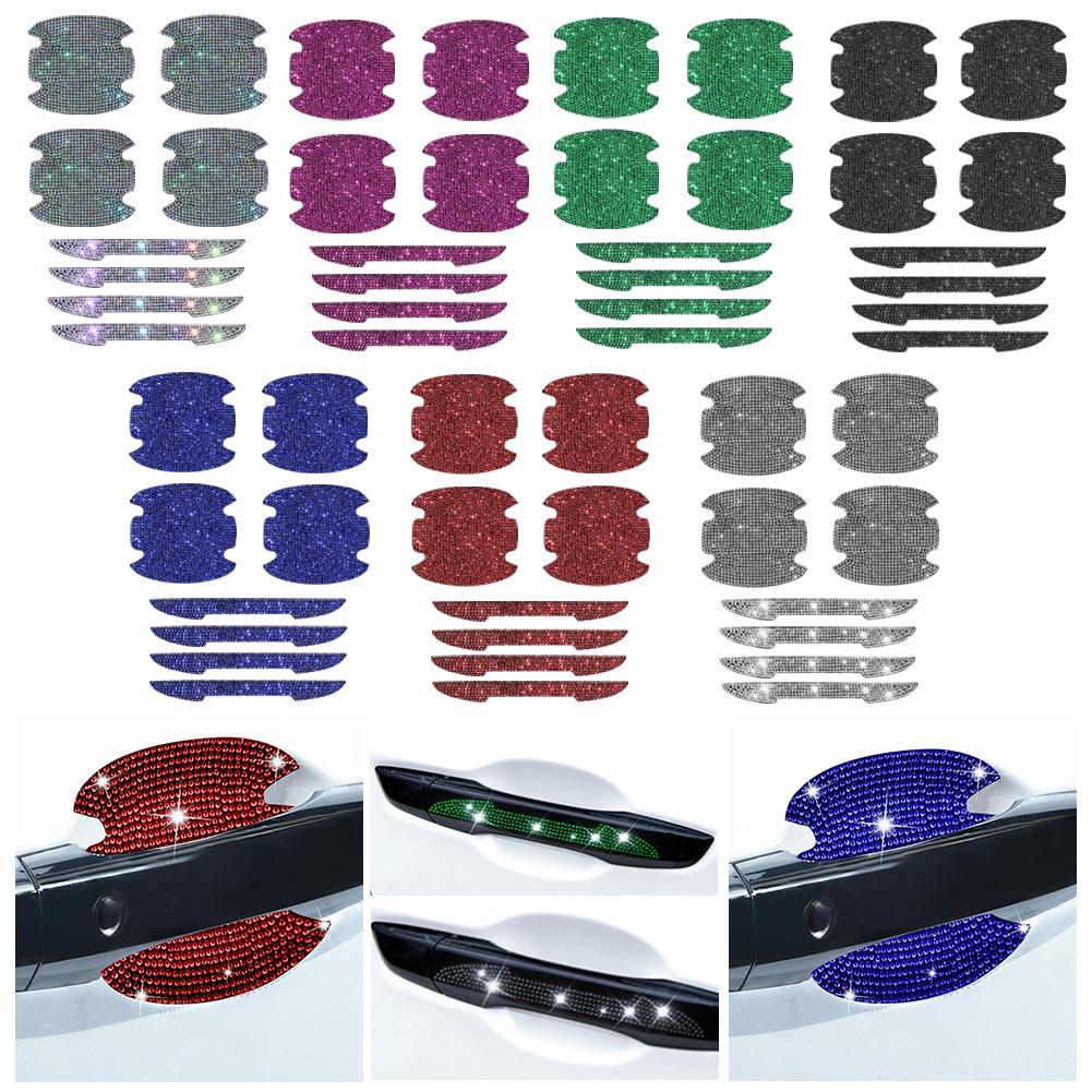 8PCS Universal Car Door Handle Sticker Decal Warning Diamond Auto Strip Driving Safety Bling Car Accessories for Girls Woman
