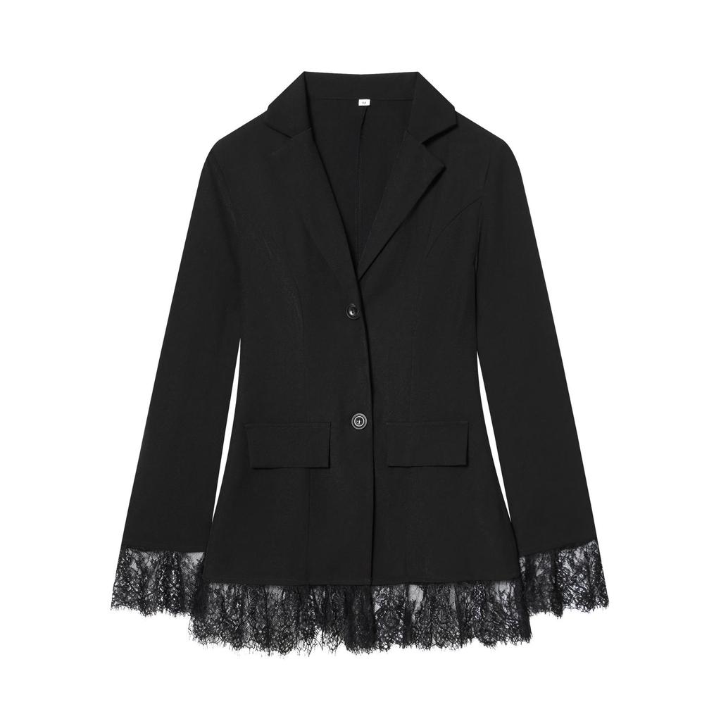 Chic European & American Women's Designer Black Lace Patchwork Slim Fit Blazer