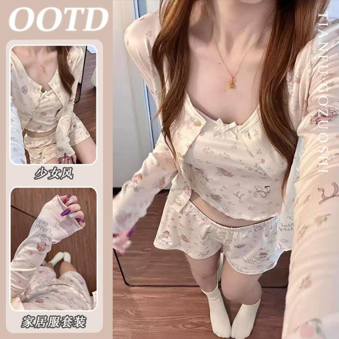 

[High-quality imitation cotton] Korean cute printed cardigan pajamas women s spring new loungewear three-piece set can be worn outside XXL