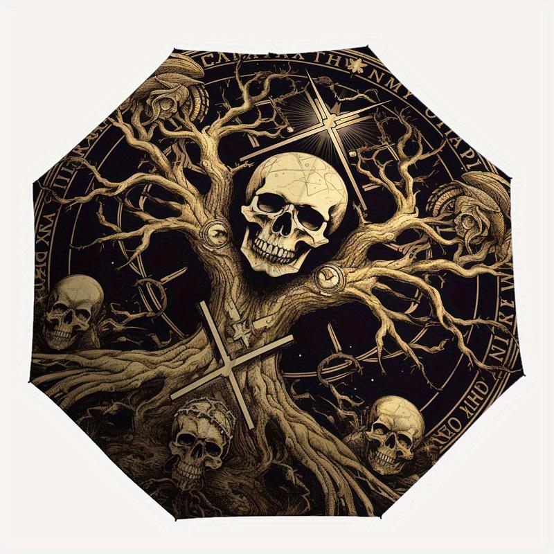 Dark Tree of Life: Skulls & Symbols Circular ArtworkUmbrella, Portable 3-Fold Compact Umbrella for Men & Women Gift