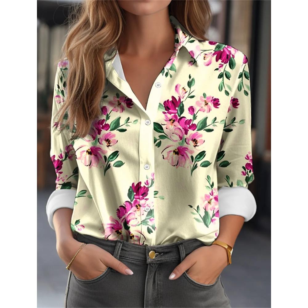Summer Women's Shirt Flower Graphics Blouse Lapel Neck Blouse Women's Long Sleeve