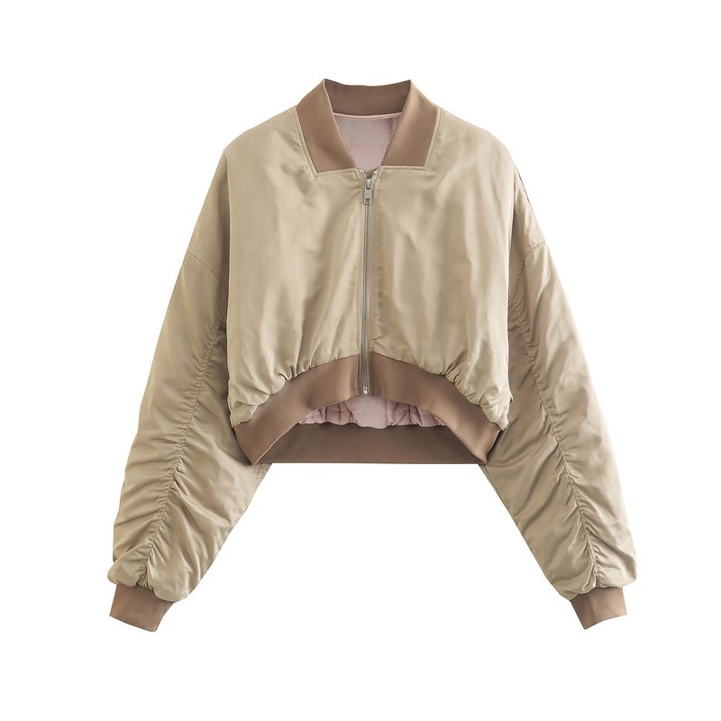 

Kaslead New Arrival Women s Clothing Fashion Style Fashion Minimalist Silk Satin Texture Short Jacket Khaki L