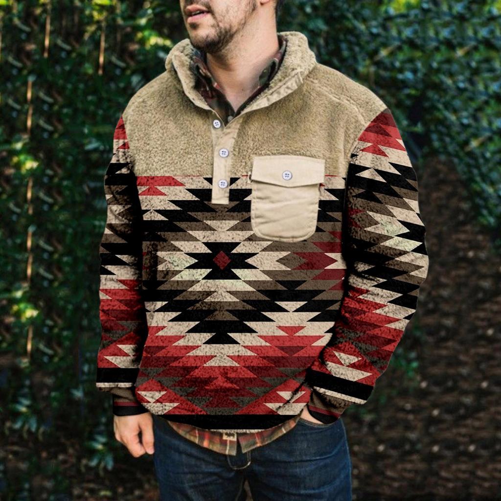 Men's Printed Plush Warm Coat Fleece Sweater Casual Coat Pocket Sweater  Winter Coat