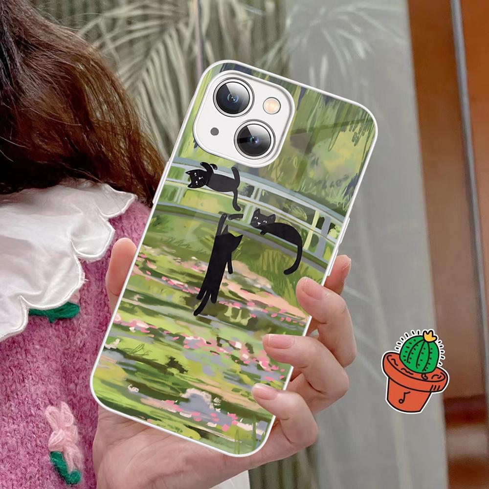 Cartoon Animal Black Cat Oil Painting Phone Case Tempered Glass For Iphone 14 13 12 11 Pro Mini XS MAX 14Plus X XS XR Fundas