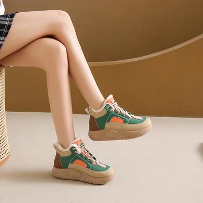 Fashion Ladies Shoes 2024 High Quality Lace-up Women's Vulcanize Shoes Fashion Winter Color Matching Plus Velvet High Top Flat Shoes