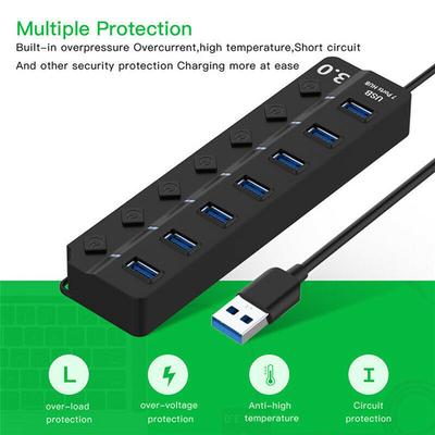USB Hub 3.0, 7-Port USB Data Hub Splitter with Individual On/Off Switches Extension for MacBook, Mac Pro/Mini and More