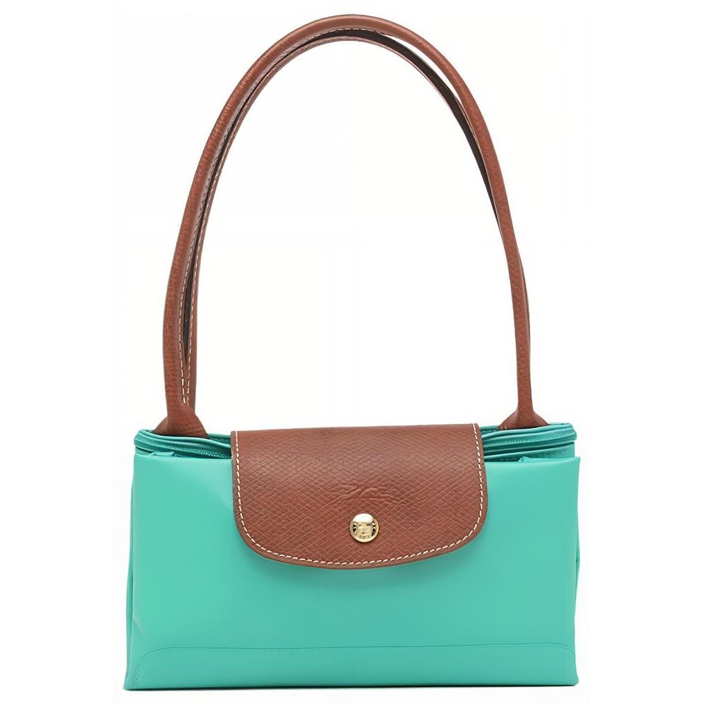 Longchamp Le Pliage 28 Chiusura con Bottone e Zip Manici Lunghi Tela e Pelle Borsa Tote a Forma di Raviolo Piccola da Donna Turchese-Blu 2605089P70