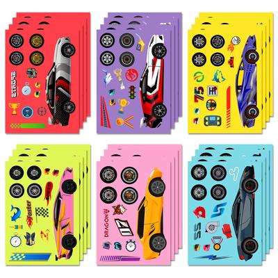6 Pieces/pack Racing Decorative Puzzle Stickers for Children's Hands-on DIY Toys Face-changing Stickers