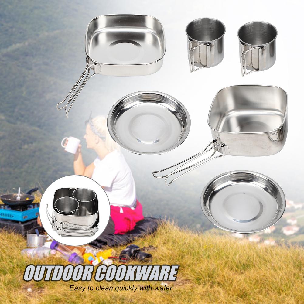 6Pcs Set Stainless Steel Outdoor Camping Cookware Utensils Portable Frying Pan Cups Pot Tableware for PicnicSilver