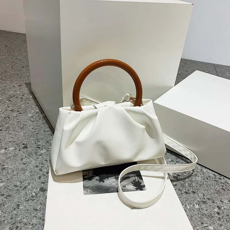 WTEMPO Einfache einfarbige Holzgriff Falten Wolke Kleine Handtaschen Mini Einzelne Schulter Umhängetaschen Handtaschen