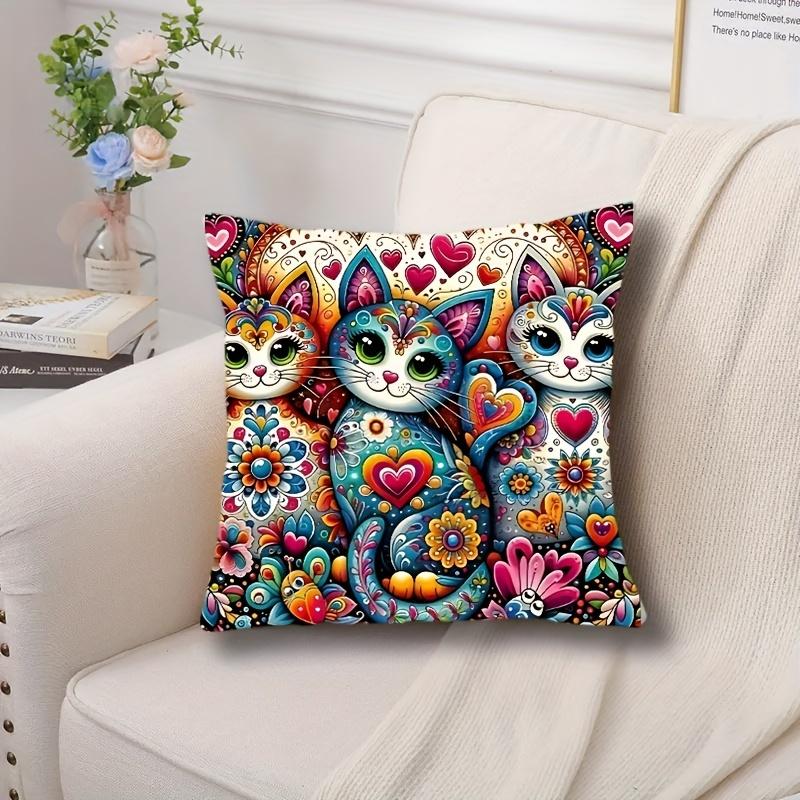 PC Bohemian Vibrant Cat Floral Pillow Cover for Living Room Sofa Home Decor (Pillow Insert Not Included)