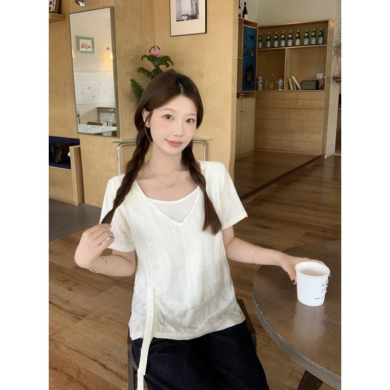 Summer 2026 Plus Size Women's Two-Piece Look Ripped Short Sleeve Slimming T-Shirt