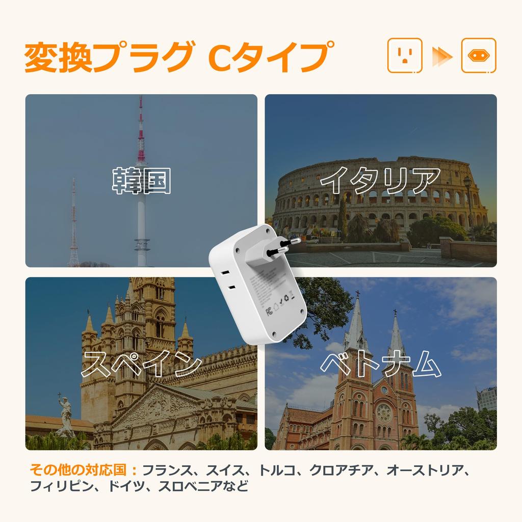 Konverzní zástrčka typu C pro mezinárodní cestování, Korea, TESSAN, s USB-C, 4 AC zásuvkami, 2x typ A, 2x typ C, Kompatibilní s Itálií, Španělskem, Německem,