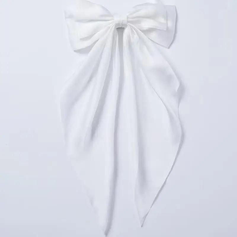 

Новый 1 шт. Длинный атласный большой бант заколка-автомат аксессуар для волос для девочек модный однотонный ленточный бант заколка для волос женская белый
