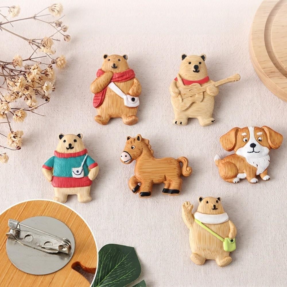 Guitar Bear Animal Pin Scarf Bear Badge Exquisite Sweater Wooden Brooch Party
