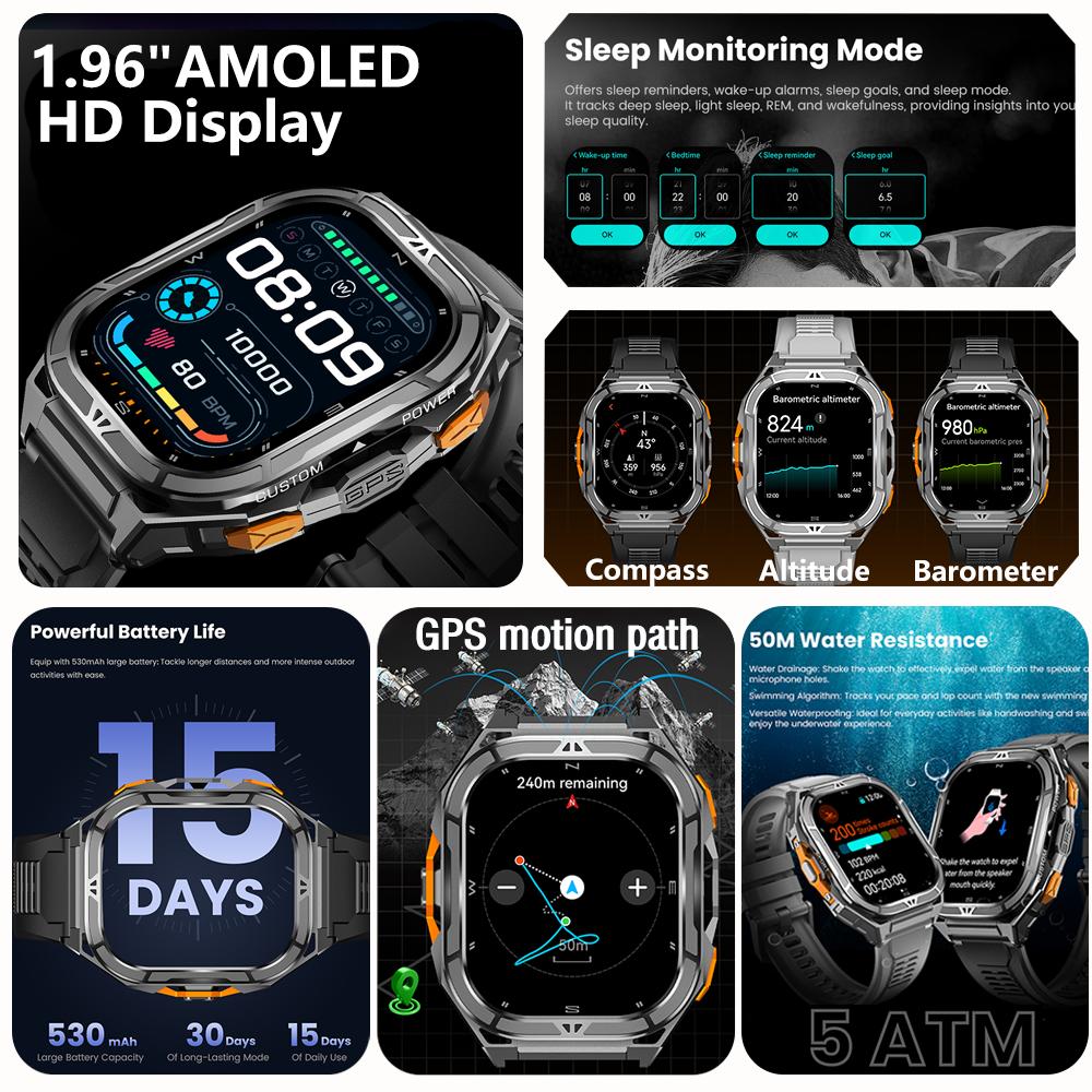 New Sport Smart Watch Men GPS Track 5ATM Waterproof Compass Heart Rate 530mAh Battery 1.96"AMOLED Screen BT Call Smartwatch