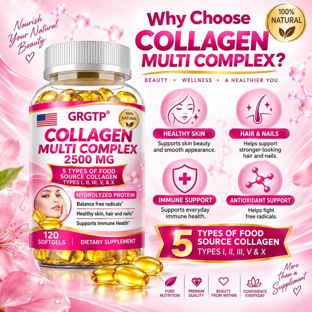 Multi-type collagen dietary supplement; contains collagen types I, II, III, V, and X; 2500mg content; suitable for adults.
