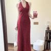 French Pure Desire Red Polka Dot V-neck Neck Dress Children's Design Halter Sleeveless Vest Long Dress Summer