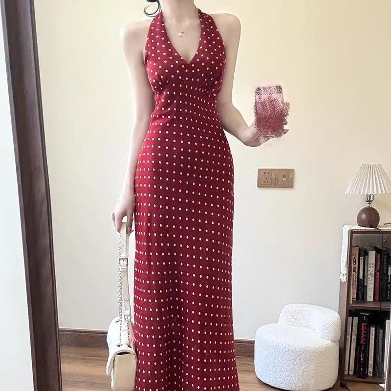 French Pure Desire Red Polka Dot V-neck Neck Dress Children's Design Halter Sleeveless Vest Long Dress Summer