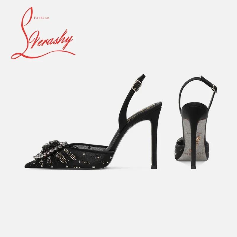 Fashion 2025 New Rhinestone Toe Cap Sandals for Women with a Straight Buckle and Pointed Tip, Sexy Temperament, Socialite Single Shoes
