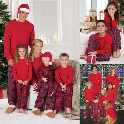 Christmas Family Matching Pajamas Set Long Sleeve Pullover Top Plaid Pants Pjs Sleepwear