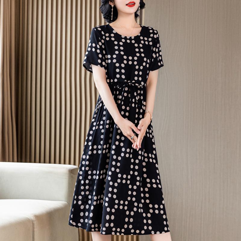 Elegant Dresses for Women  New Casual Vintage Print Long Dress Summer Short Sleeve Korean Style Female Clothing