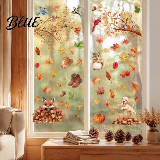 Autumn Decoration for Balcony Glass 9PCS Thanksgiving Static Window Clings Fall Leaves Birds Cute Animals Clings Stickers No-Adhesive Removable