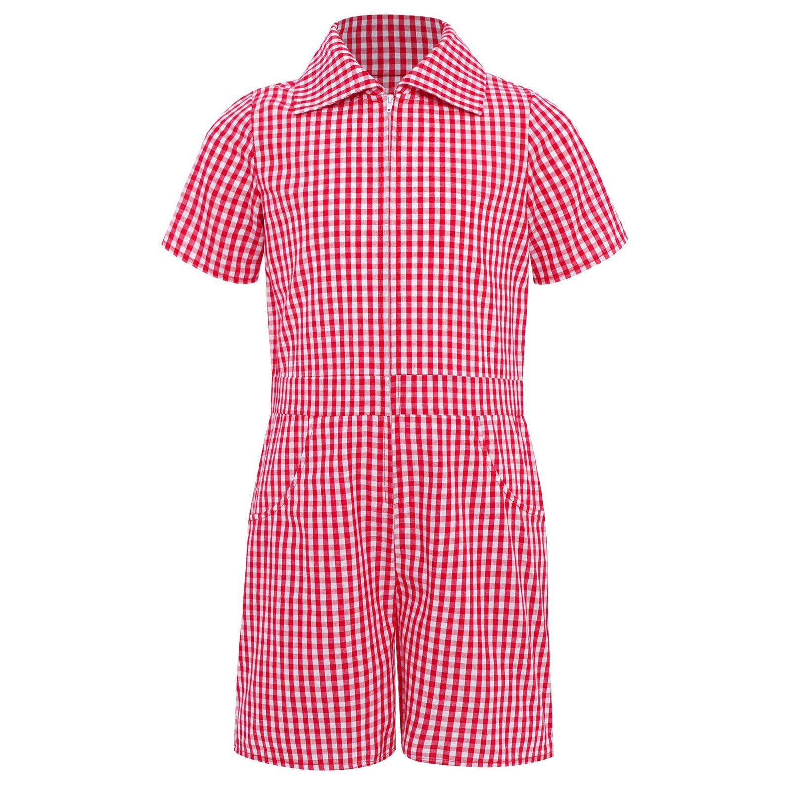

Girls Plaid Playsuit School Uniform Turn Down Collar Short Sleeve Front Zipper Jumpsuit Casual Outfit 5-6 Years червоний