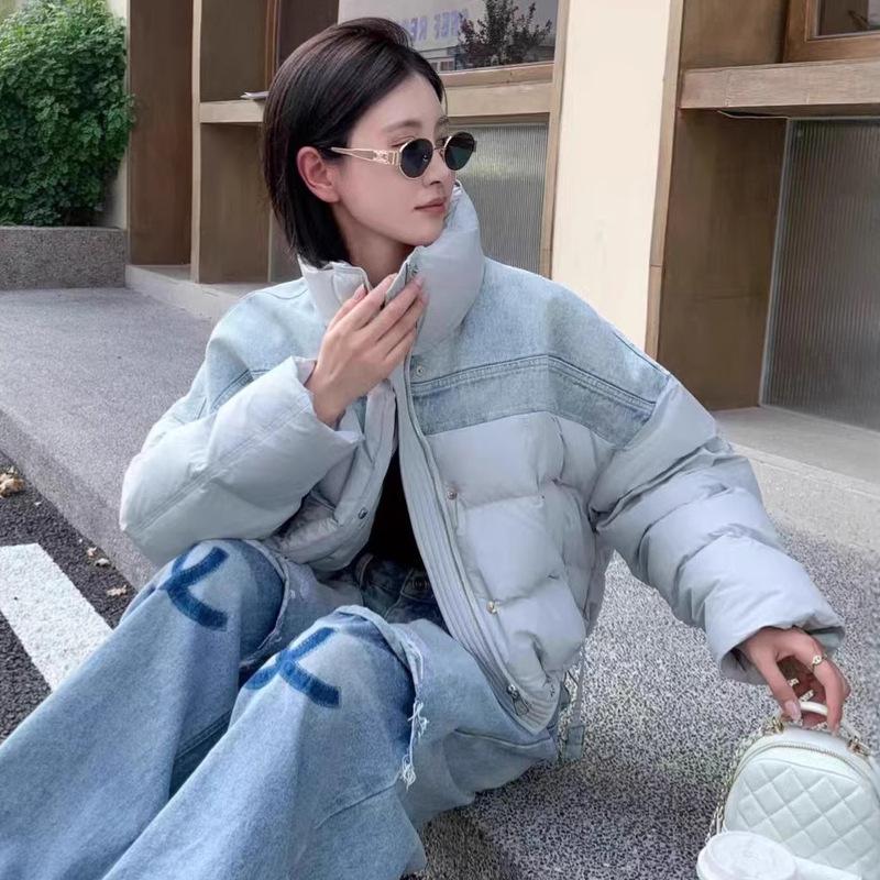 White duck down European station stand-up collar splicing denim down jacket women's winter new thickened warm jacket tide