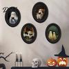 Artistic Halloween Wall Decor Wooden Door Hanging Sign, Oval Gothic Black Cat Ghost Plaque, Retro Painting Waterproof Art for Entryway Bedroom