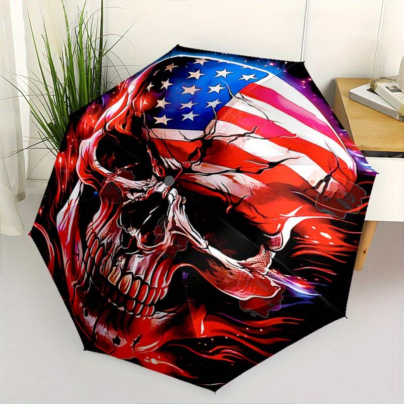 1pc Skull with Flames Automatic, Cute Cartoon Pattern, Portable Outdoor Umbrella, Perfect, Holiday Gift for fans.C052
