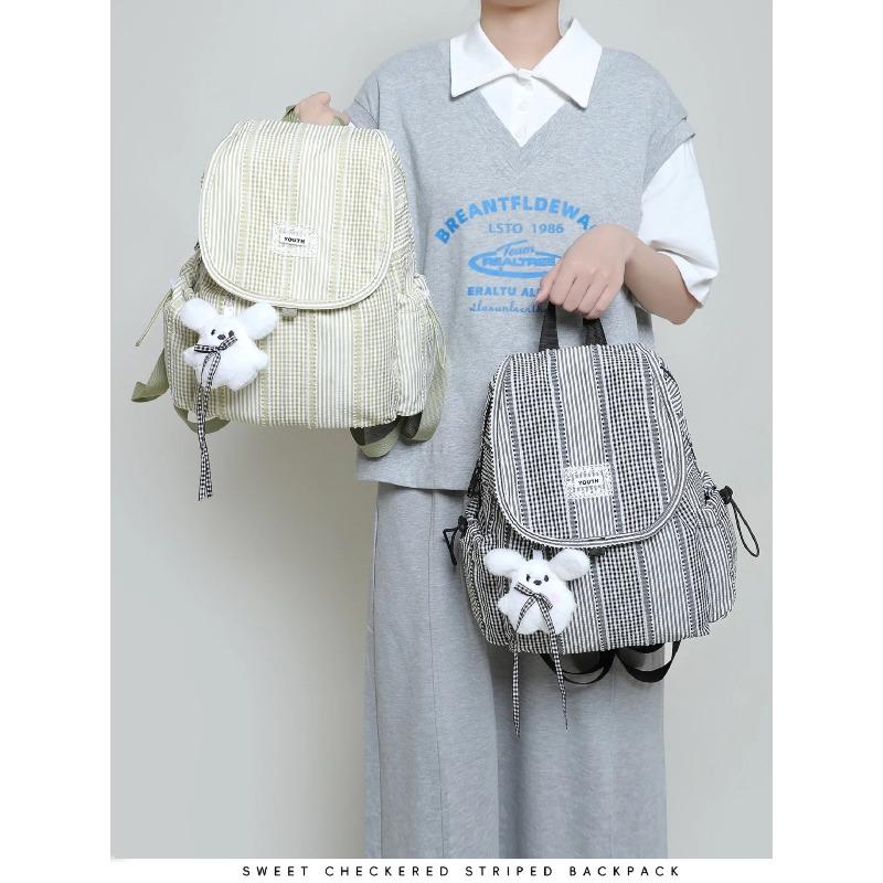 Korean-style canvas backpack for students niche checkered college casual small backpack women's flip cover backpack