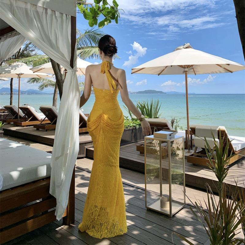 Niche Neck Lace Dress, Waist Shows Long Figure, Celebrity Sexy Dress, Fishtail Dress