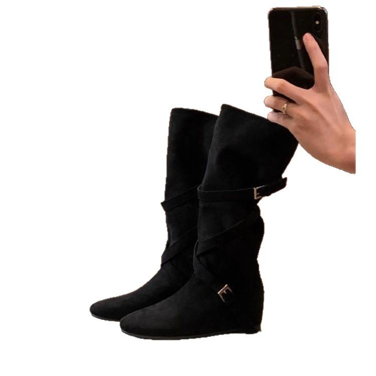 Leather Version~ Retro Suede Crossed with Flat Bottom Pleated Stacking Boots Women's Big Tube Circumference Thin Inner Height Increase Medium