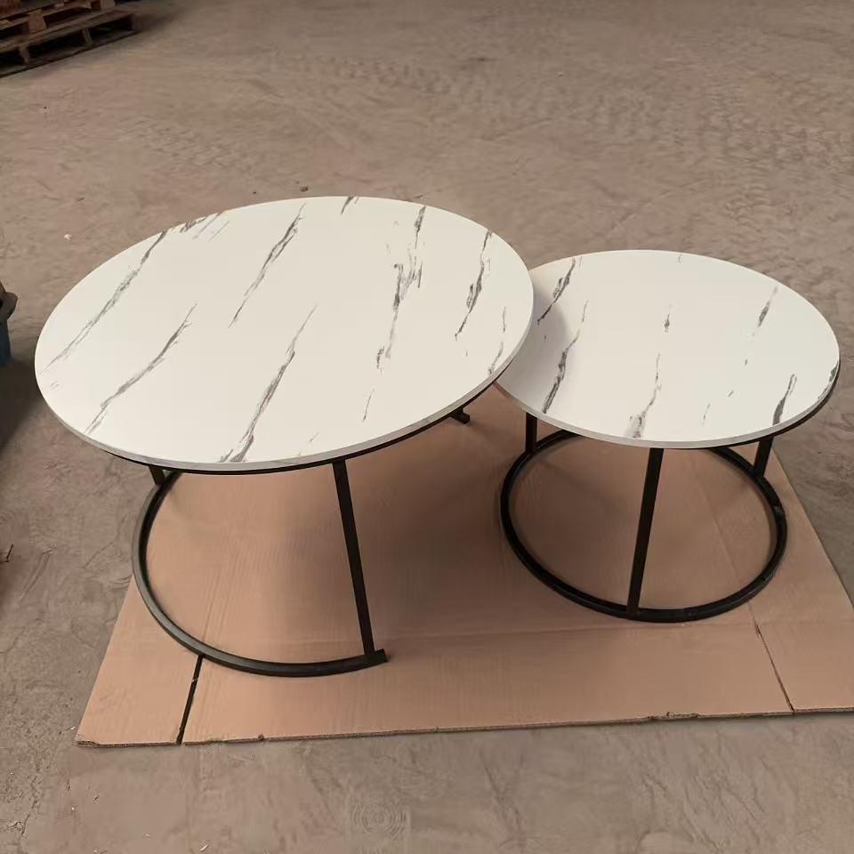 Modern Minimalist Round Coffee Table Set with Stone Pattern and Iron Art Storage