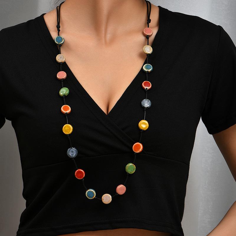 Retro Ethnic Flat Bead Long Necklace for Women - Niche Fashion Sweater Chain