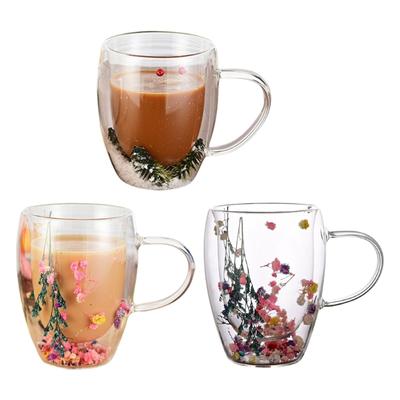Elegant Double Layer Coffee Cup Decorative Transparent Drinkware with Dried Flower High Borosilicate Glass Glassware