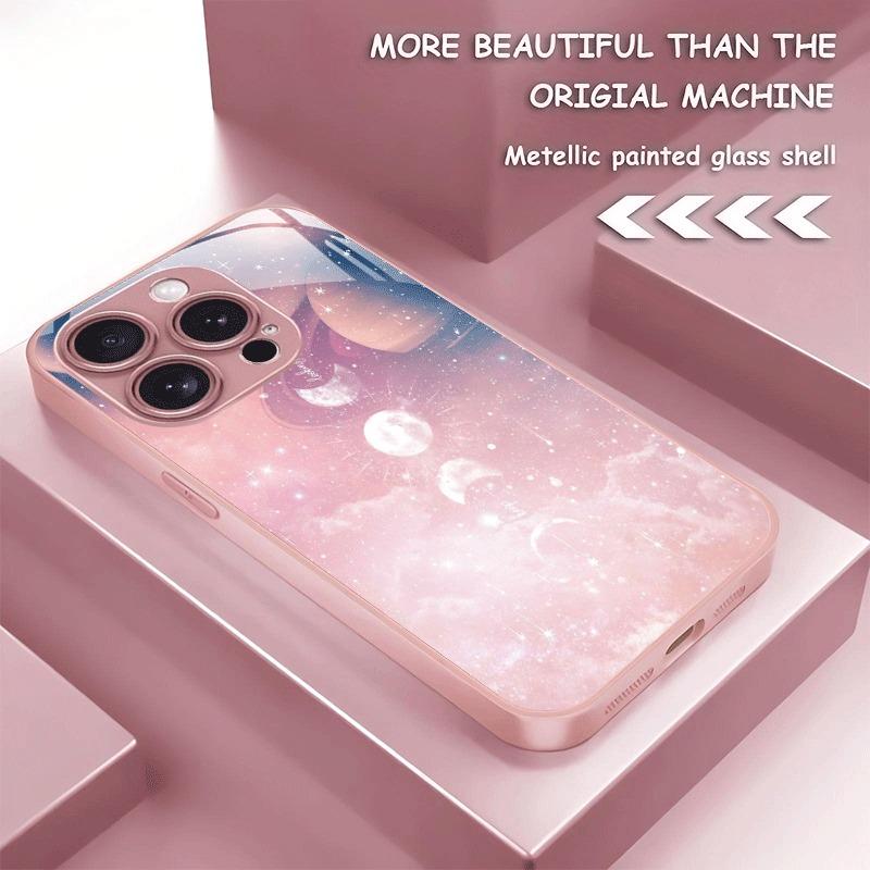 

Full Moon Design Pattern Metallic Paint Glass Hard Phone Case For iPhone 11 12 13 14 15 16 17 Pro Max 15 Plus 17 Air 16E Cover iPhone17