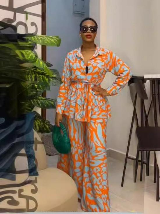 2024 Spring Women's Plus Size High Waist Wide Leg Printed Pants Set - Casual European & American Fashion