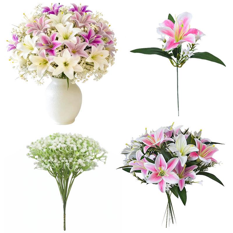 Lily and Baby's Breath Artificial Bouquet - Decorative Faux Flowers Arrangement