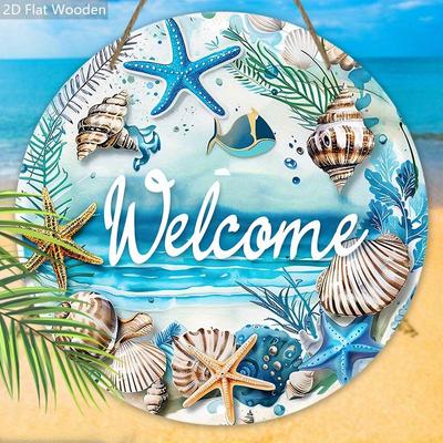 Summer Beach Welcome Sign Blue Ocean Shell Starfish Print Wood Hanging Decor Porch Wreath Home Pendant Ornament for Garden Room No Electricity Needed