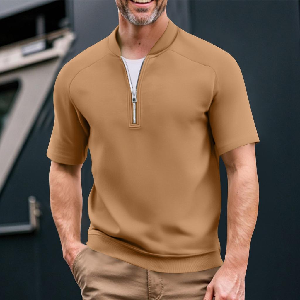 Men's Summer Solid Color Casual T-shirt Sports Breathable Zipper Collar Top